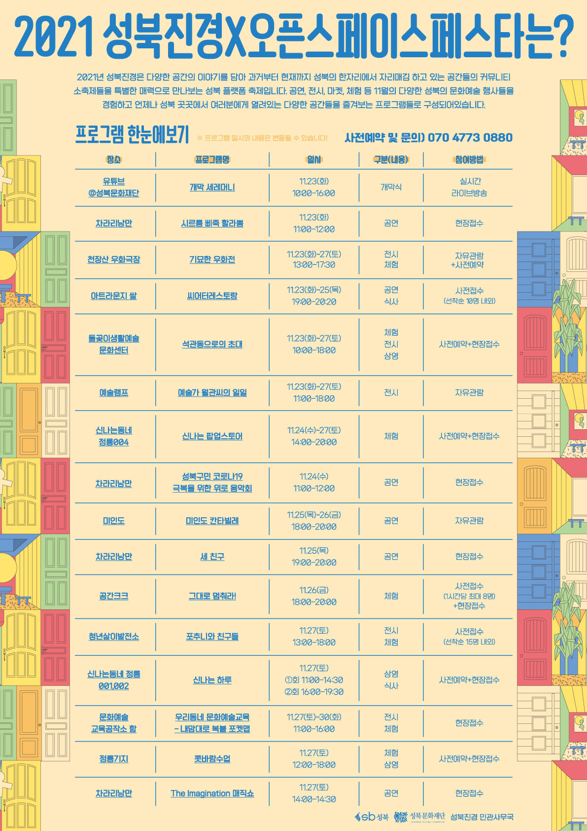
2021 성북진경X오픈스페이스페스타는?
2021년 성북진경은 다양한 공간의 이야기를 담아 과거부터 현재까지 성북의 한자리에서 자리매김 하고 있는 공간들의 커뮤LIEL 소축제들을 특별한 매력으로 만나보는 성북 플랫폼 축제입니다. 공연, 전시, 마켓, 체험 등 11월의 다양한 성북의 문화예술 행사들을
경험하고 언제나 성북 곳곳에서 여러분에게 열려있는 다양한 공간들을 즐겨보는 프로그램들로 구성되어있습니다.
프로그램 한눈에보기 ※ 프로그램 일시와 내용은 변동될 수 있습니다! 사전예약 및 문의) 070 4773 0880
1 | 프로그램명 | 일 | 그분(내용) | 함이방법
유튜브 @성북문화재단
개막 세레머니
11.23(화) 10:00~16:00
| 개막식
실시간 라이브방송
차라리만
시르릉 비축 할라뿡
11.23(화) 11:00~12:00
현장접수
천장산 우화극장
기묘한 우화전
11.23(화)~27(토)
13:00~17:30
전시 체험
자유관람 + 사전예약
아트라운지 쌀
씨어터레스토랑
11.23(화)~25(목) 19:00~20:20
사전접수 (선착순 10명 내외)
돌곶이생활예술
문화센터
석관동으로의 초대
11.23(화)~27(토) 10:00~18:00
체험 전시 상영
사전예약+현장접수
예술램프
예술가 뭘관의 일일
11.23(화)~27(토)
11:00~18:00
자유관람
신나는데 정릉004
신나는 팝업스토어
11.24(수)~27(토) 14:00~20:00
체험
사전예약+현장접수
차라리낭만
성북구민 코로나 191 극복을 위한 위로 음악회
11.24(수) 11:00~12:00
공연
현장접수
미인도
미인도 칸타빌레
11.25(목)~26(금) 18:00~20:00
자유관람
차라리만
세 친구
11.25(목) 19:00~20:00
현장접수
공간크크
그대로 멈춰라!
11.26(금) 18:00~20:00
체험
사전접수 (1시간당 최대 8명)
+현장접수
저
청년살이발전소
포니와 친구들
11.27(토) 13:00~18:00
사전접수 (선착순 15명 내외)
체험
신나는동네 정릉
001,002
신나는 하루
11.27(토) 1회 11:00~14:30 2회 16:00~19:30
상영 식사..
사전예약+현장접수
전시
문화예술 교육공작소함
우리동네 문화예술교육 - 내맘대로 복블 포켓맵
11.27(토)~30(화)
11:00~16:00
현장접수
체험
정릉기지
콧바람수업
11.27(토) 12:00~18:00 1
체험 상영
| 사전예약 현장접수
차라리만
The Imagination 매직쇼
11.27(토) 14:00~14:30
공연
현장접수
ksb 성북 - 성북문화재단 성북진경 민관사무국
